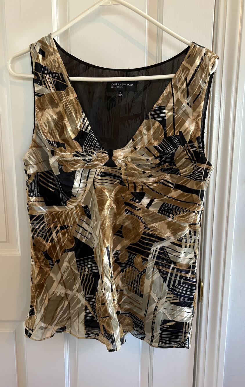Jones New York Collection Shirt Womens 12 Brown Black Abstract Sleeveless Top
